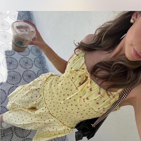 Free People Lavender Daze Butter Yellow Strawberry Drop waist dress Sz M - Picture 2 of 7